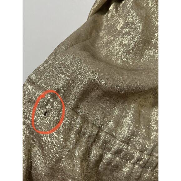 St. John Metallic Champagne V Neck Gown Size L Side Slit Luxe Maxi Dress - FLAWS - Picture 12 of 12